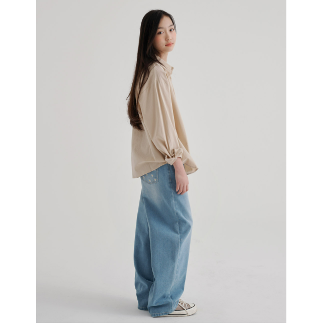 花柄 ワンポイント ロングデニムパンツ