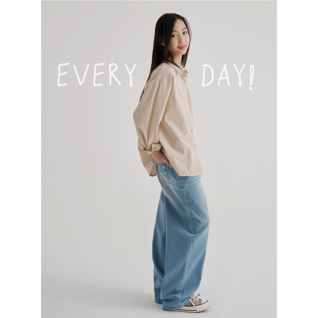 花柄 ワンポイント ロングデニムパンツ