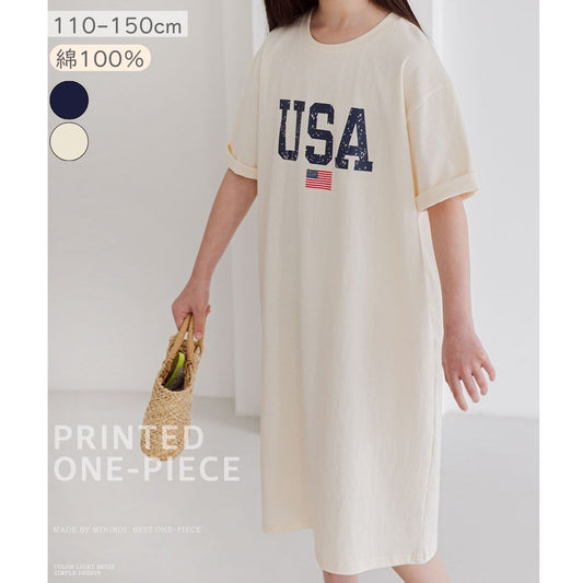 USAプリント ひざ丈 Tシャツ ワンピース