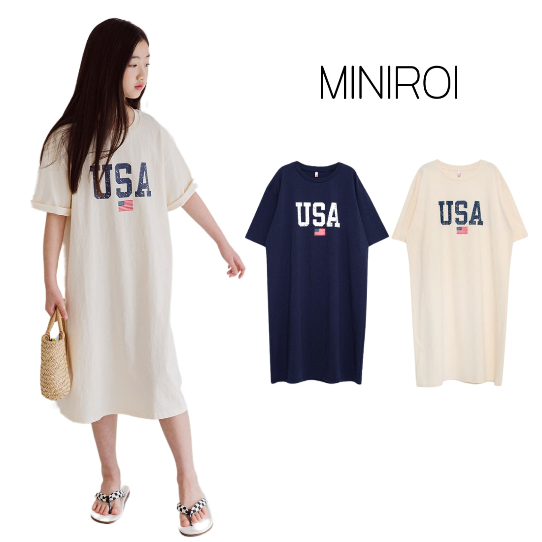 USAプリント ひざ丈 Tシャツ ワンピース