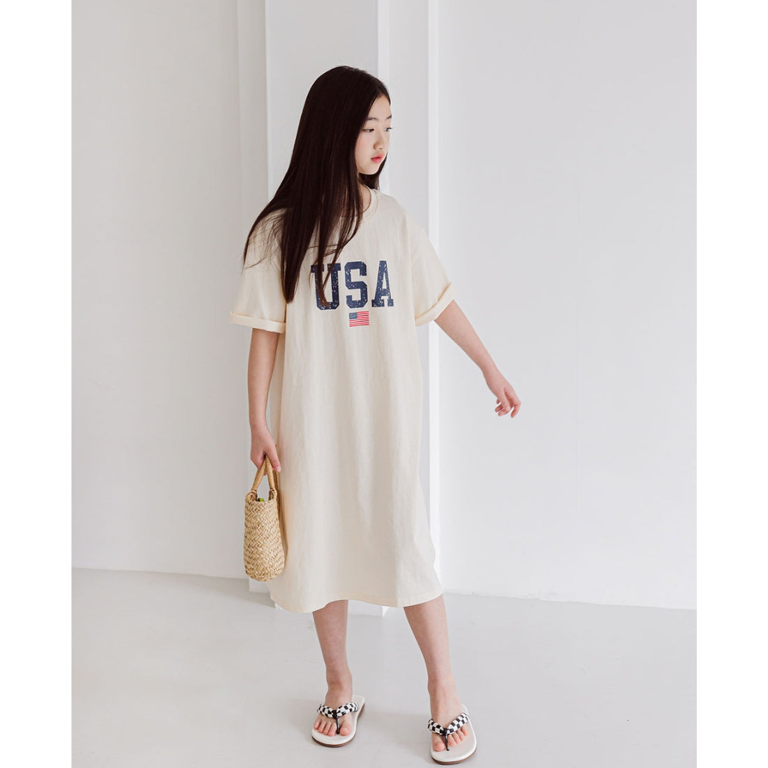 USAプリント ひざ丈 Tシャツ ワンピース
